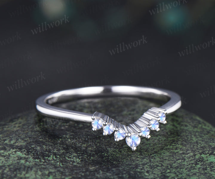 Moonstone wedding band dainty curved blue gemstone stackable ring silver white gold matching band gifts for women
