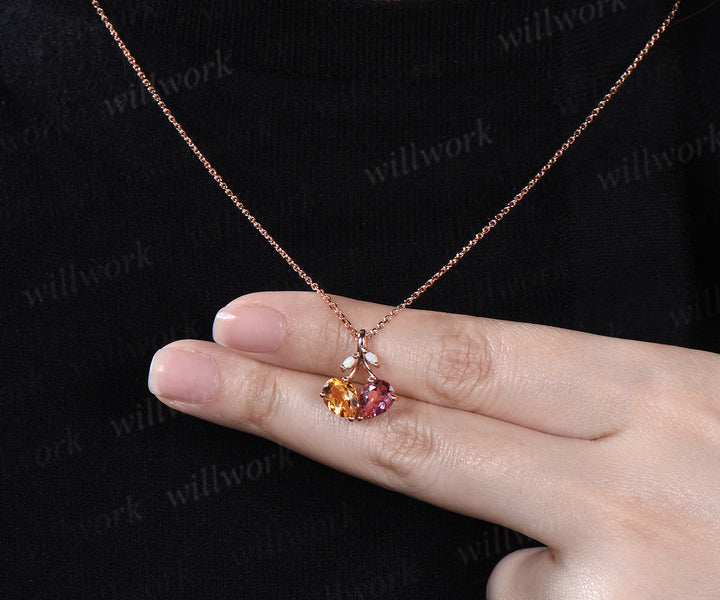 Vintage Teardrop Cut Natural Citrine&Pink Tourmaline Pendant Necklace Opal Leaf Twig Branch Necklace Couple October November Birthstone Gift