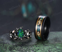Vintage Pear Black Opal Leaf Vine Moon Ring Set & Tungsten Black Opals Gold Flakes Men Band Couple Ring Set
