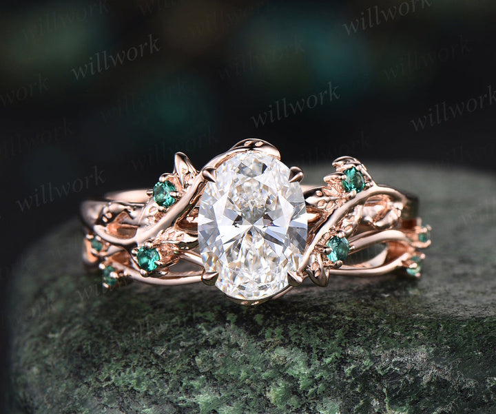 Oval Cut Lab Grown Diamond Engagement Ring Set Twig Leaf Ring Art Deco Emerald Wedding Bridal Set