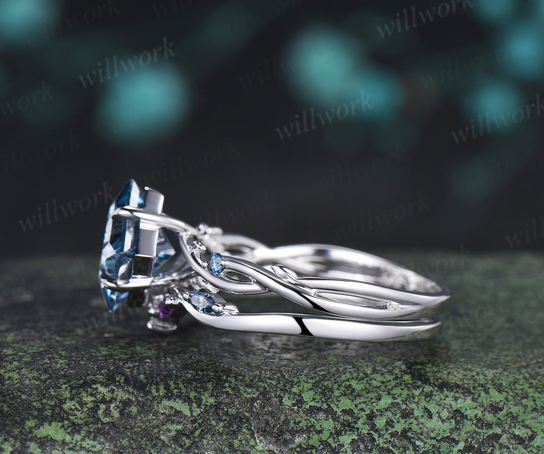 Princess Cut Blue Moissanite Ring Set Twig Branch Engagement Ring Amethyst Accents Twisted Wedding Band Unique Bridal Set