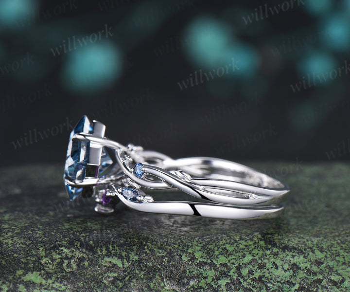 Princess Cut Blue Moissanite Ring Set Twig Branch Engagement Ring Amethyst Accents Twisted Wedding Band Unique Bridal Set