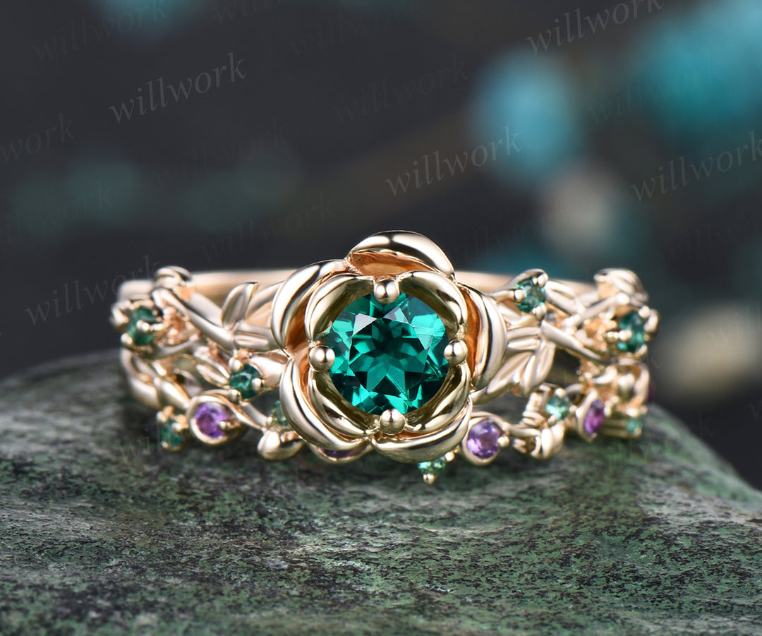 Natural Inspired Leaf Emerald Ring Set Unique Twig Engagement Ring Art Deco Rose Gold Emerald Wedding Ring Set for Women Branch Ring Gift Bridal Set /