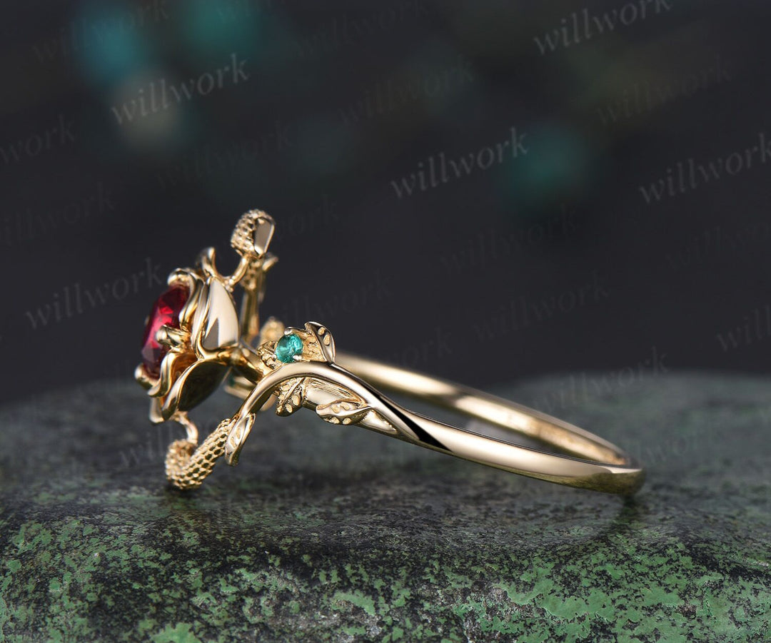Round cut ruby engagement ring flower floral snake three stone emerald ring vintage wedding ring women jewelry