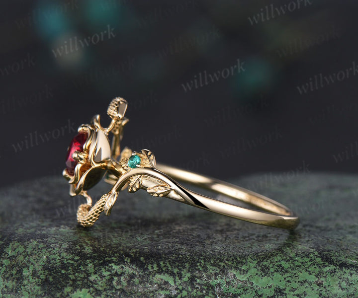 Round cut ruby engagement ring flower floral snake three stone emerald ring vintage wedding ring women jewelry