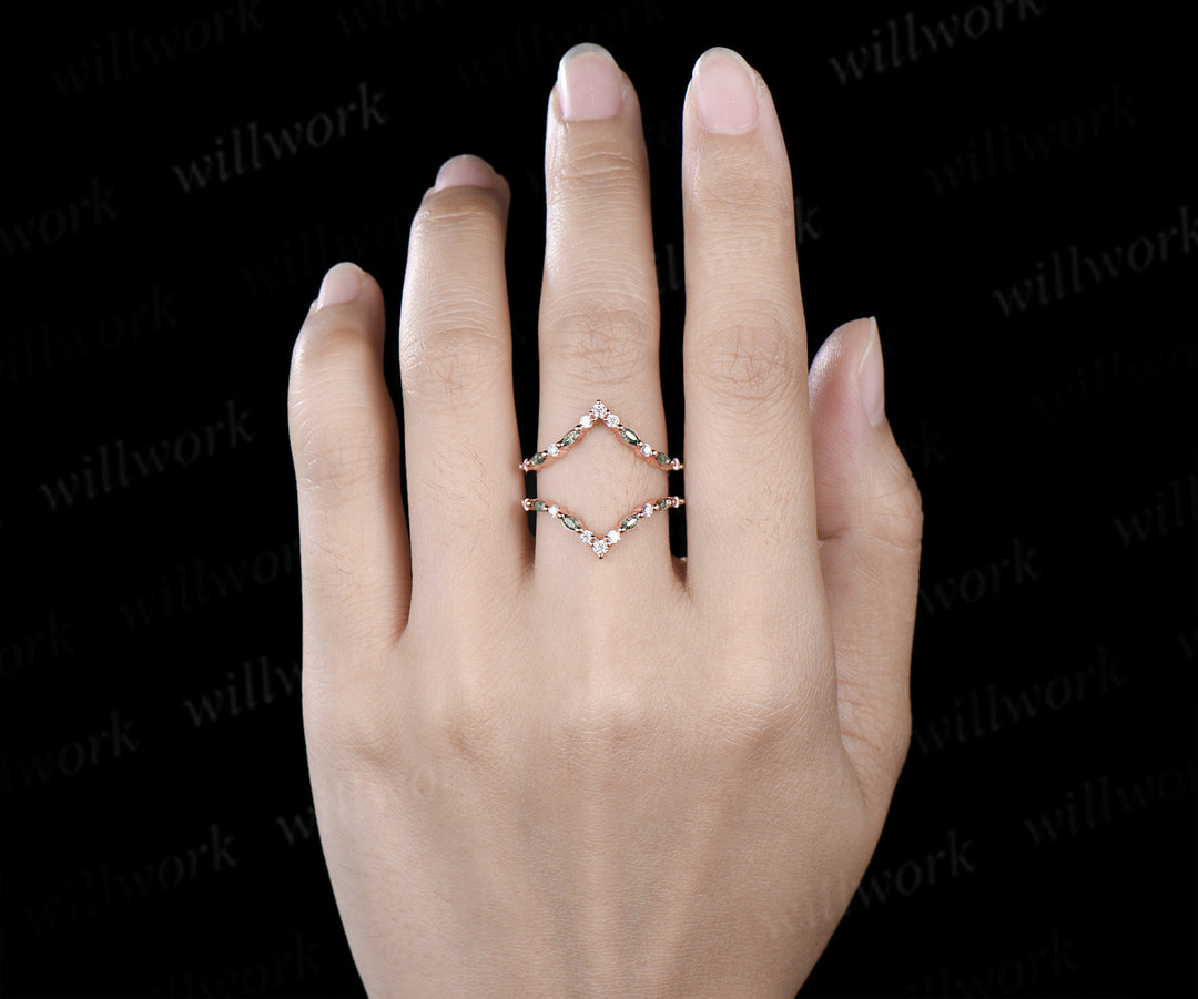 Marquise moss agate diamond wedding band enhancer wraps rose gold Double V curved stacking band band bridal ring women