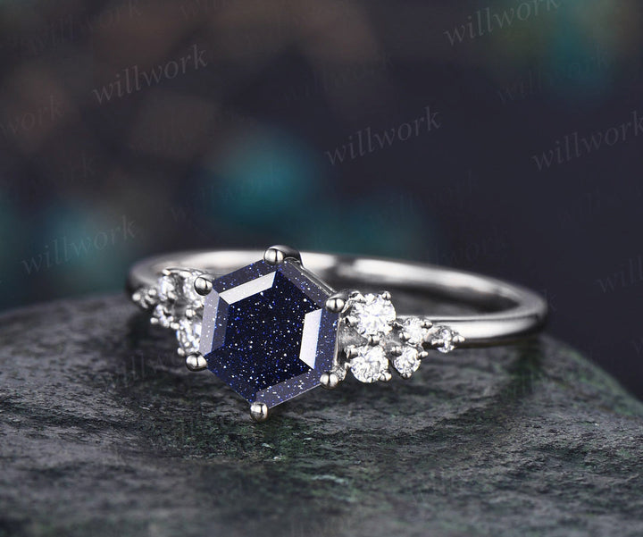 READY TO SHIP: Hexagon Blue Sandstone Engagement Ring - Sterling Silver - Ring Size: 8.5 US