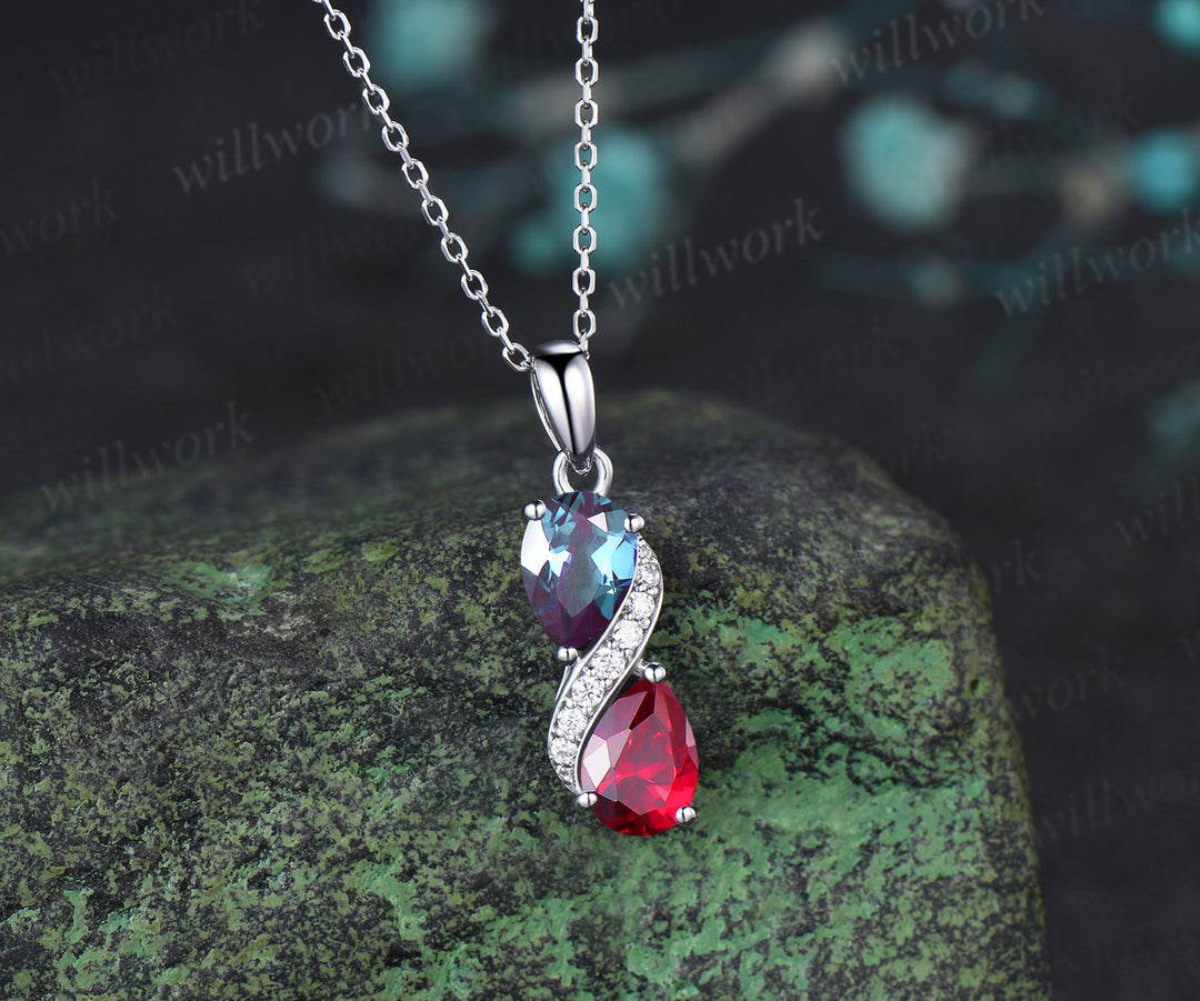 Pear Alexandrite Ruby Two Birthstone Stone Necklace Toi et Moi Pendant Moissanite Accents Infinity Necklace