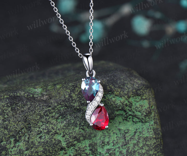 Pear Alexandrite Ruby Two Birthstone Stone Necklace Toi et Moi Pendant Moissanite Accents Infinity Necklace