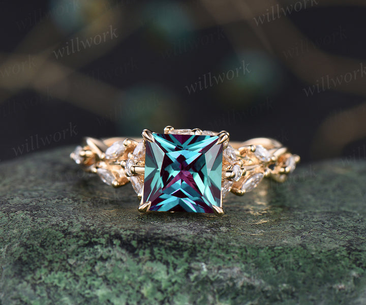 Vintage princess cut alexandrite engagement ring unique twig nature inspired ring marquise cluster art deco promise ring birthstone jewelry gifts for her
