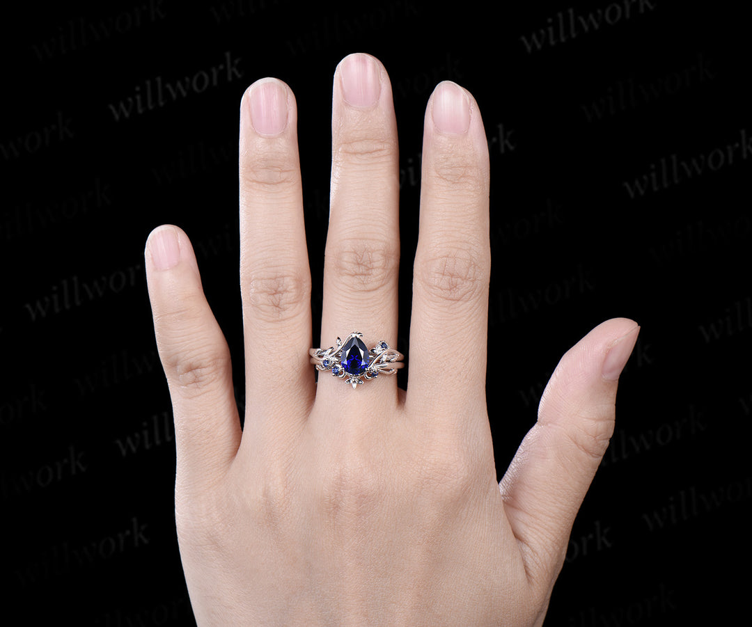 Pear cut sapphire engagement ring set vintage leaf nature inspired bridal set 14k white gold anniversary gift