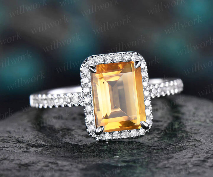 Emerald Cut Citrine engagement ring set-Solid 14k rose gold-Real Diamond Wedding ring-2PC Stacking ring-gemstone-yellow birthstone halo ring