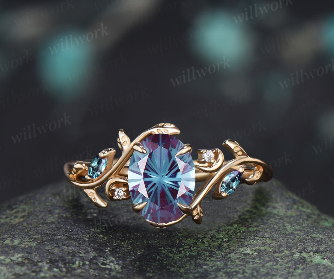 Oval Fireworks Cut Alexandrite Engagement Ring Set Leaf Branch Moon Promise Ring Alexandrite Stacking Wedding Band Bridal Set