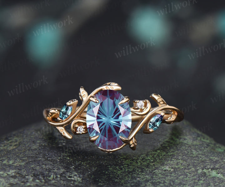Oval Fireworks Cut Alexandrite Engagement Ring Set Leaf Branch Moon Promise Ring Alexandrite Stacking Wedding Band Bridal Set