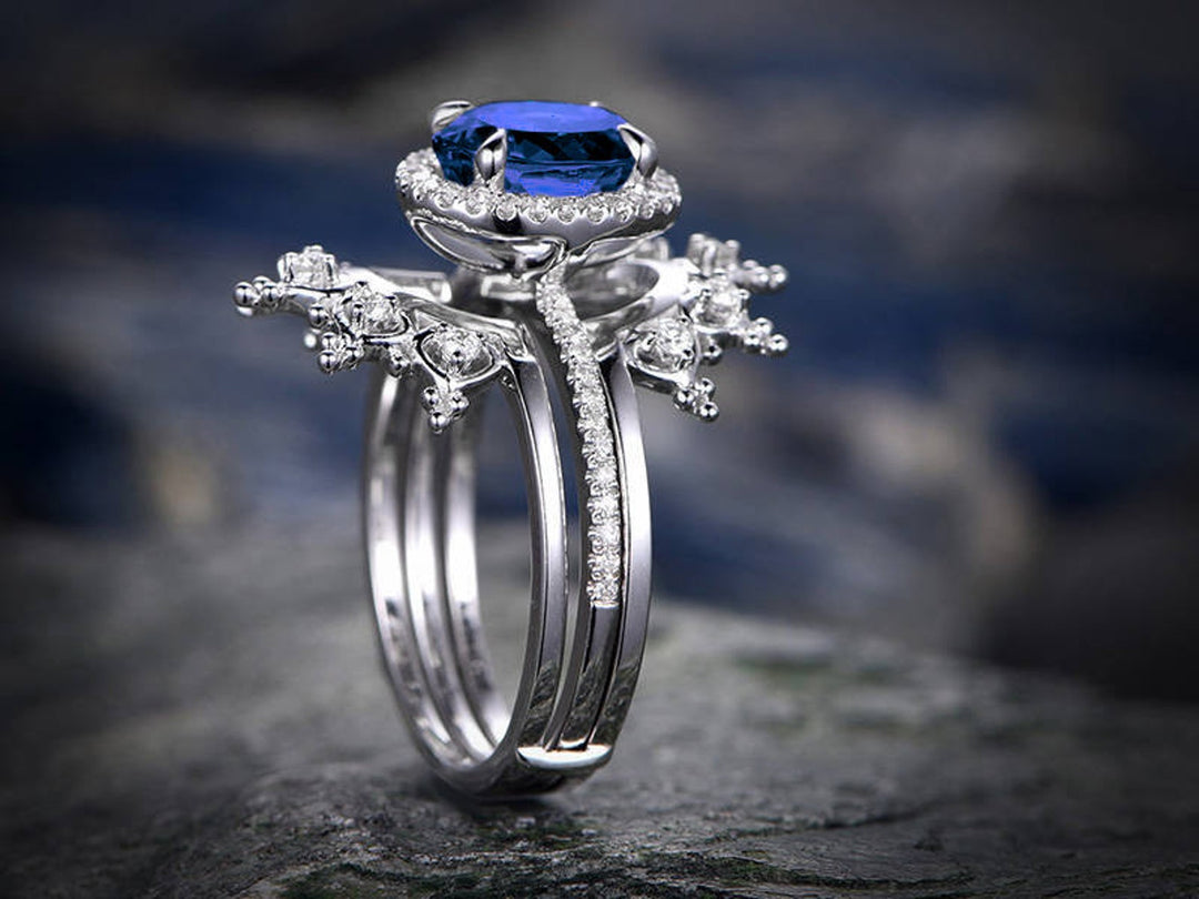Blue sapphire engagement ring set white rose gold 2pc sapphire ring gold vintage diamond halo flower crown women wedding bridal ring set