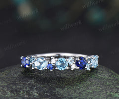 Swiss blue topaz wedding band dainty sapphire London blue topaz moissanite multi-stone minimalist promise ring