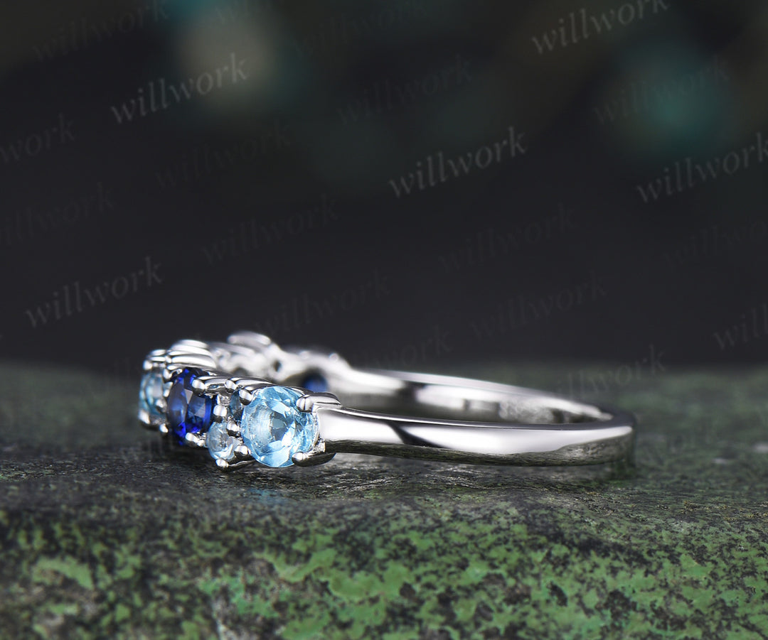 Swiss blue topaz wedding band dainty sapphire London blue topaz moissanite multi-stone minimalist promise ring