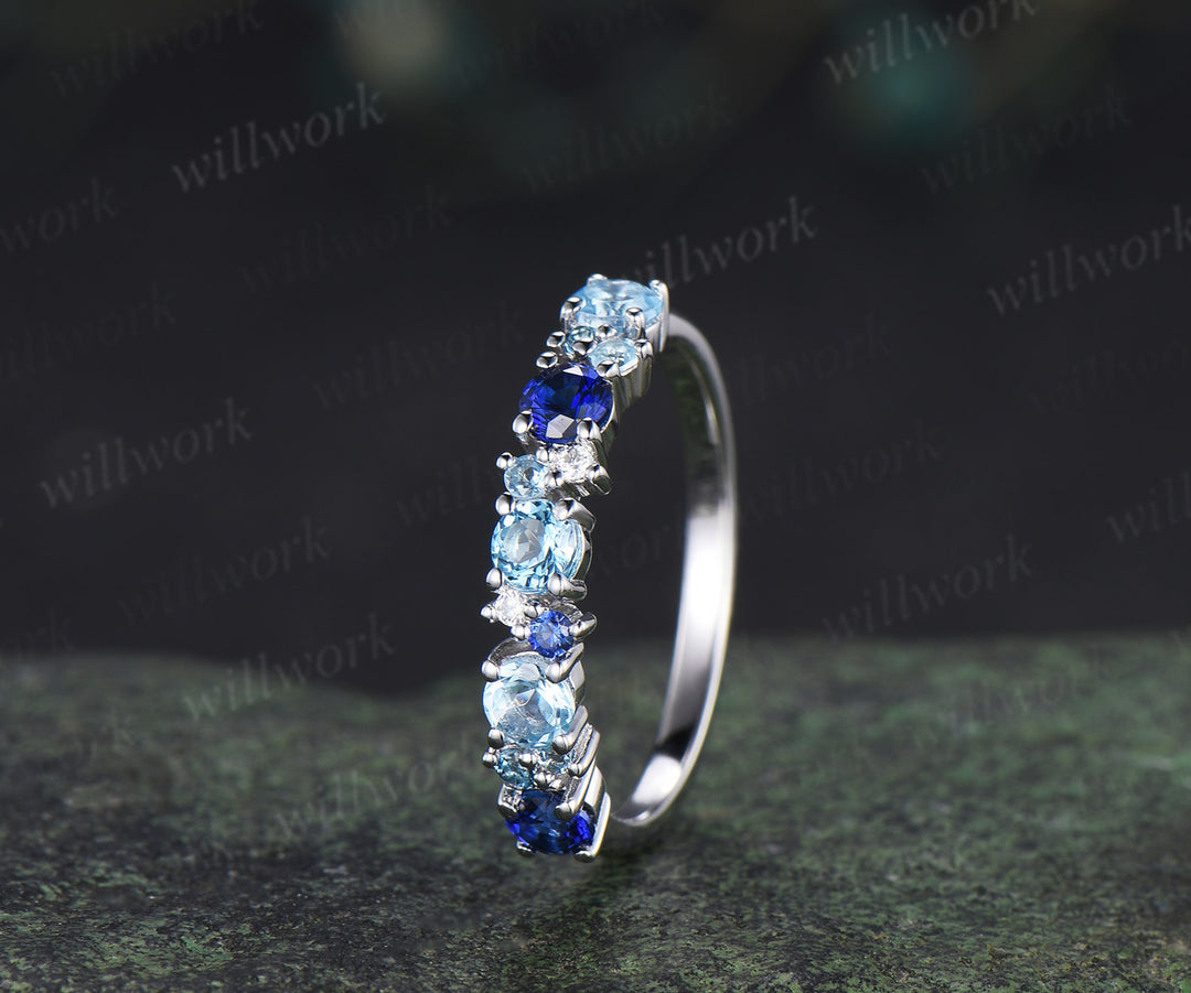 Swiss blue topaz wedding band dainty sapphire London blue topaz moissanite multi-stone minimalist promise ring