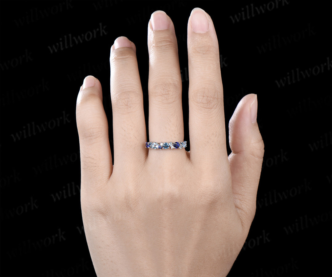 Swiss blue topaz wedding band dainty sapphire London blue topaz moissanite multi-stone minimalist promise ring