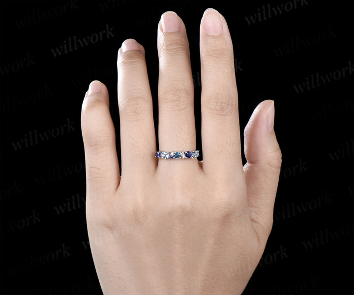 Swiss blue topaz wedding band dainty sapphire London blue topaz moissanite multi-stone minimalist promise ring