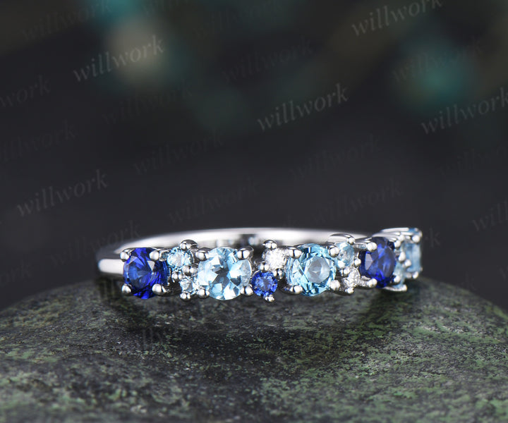Swiss blue topaz wedding band dainty sapphire London blue topaz moissanite multi-stone minimalist promise ring