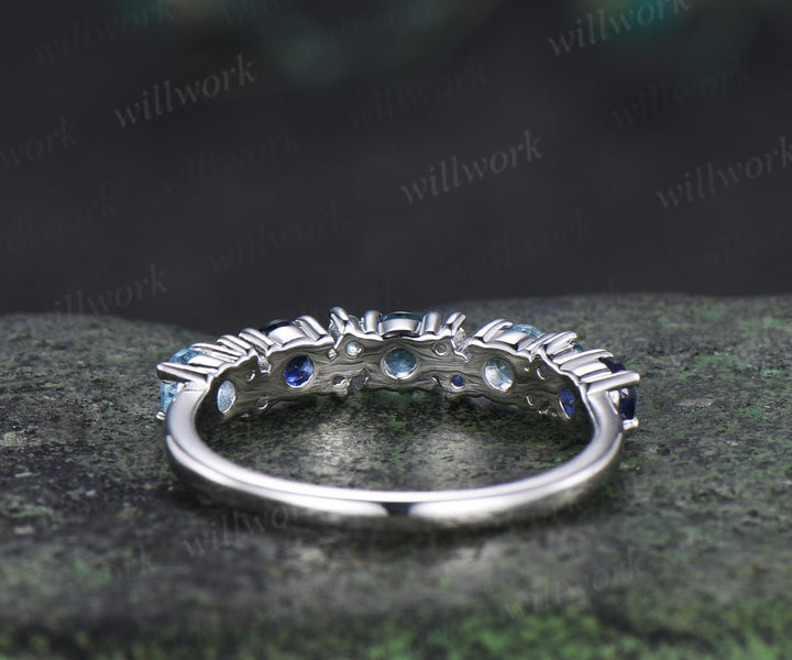 Swiss blue topaz wedding band dainty sapphire London blue topaz moissanite multi-stone minimalist promise ring