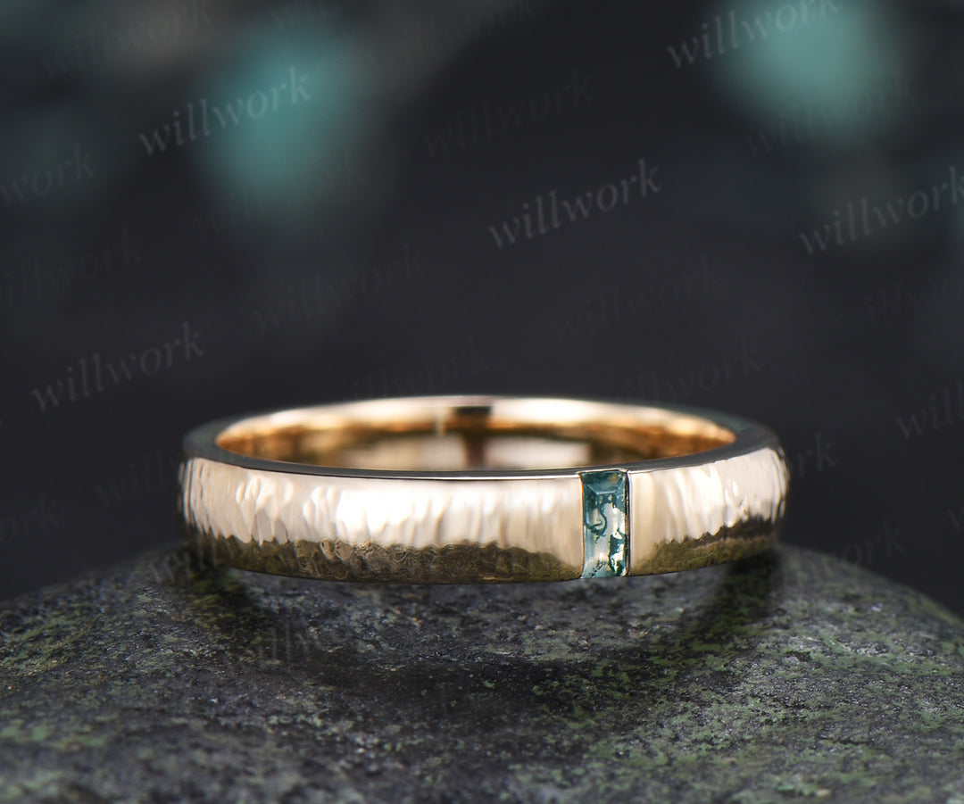 Solitaire Baguette Cut Moss Agate Wedding Band Hammered finish 3mm Minimalist Ring Anniversary Gifts