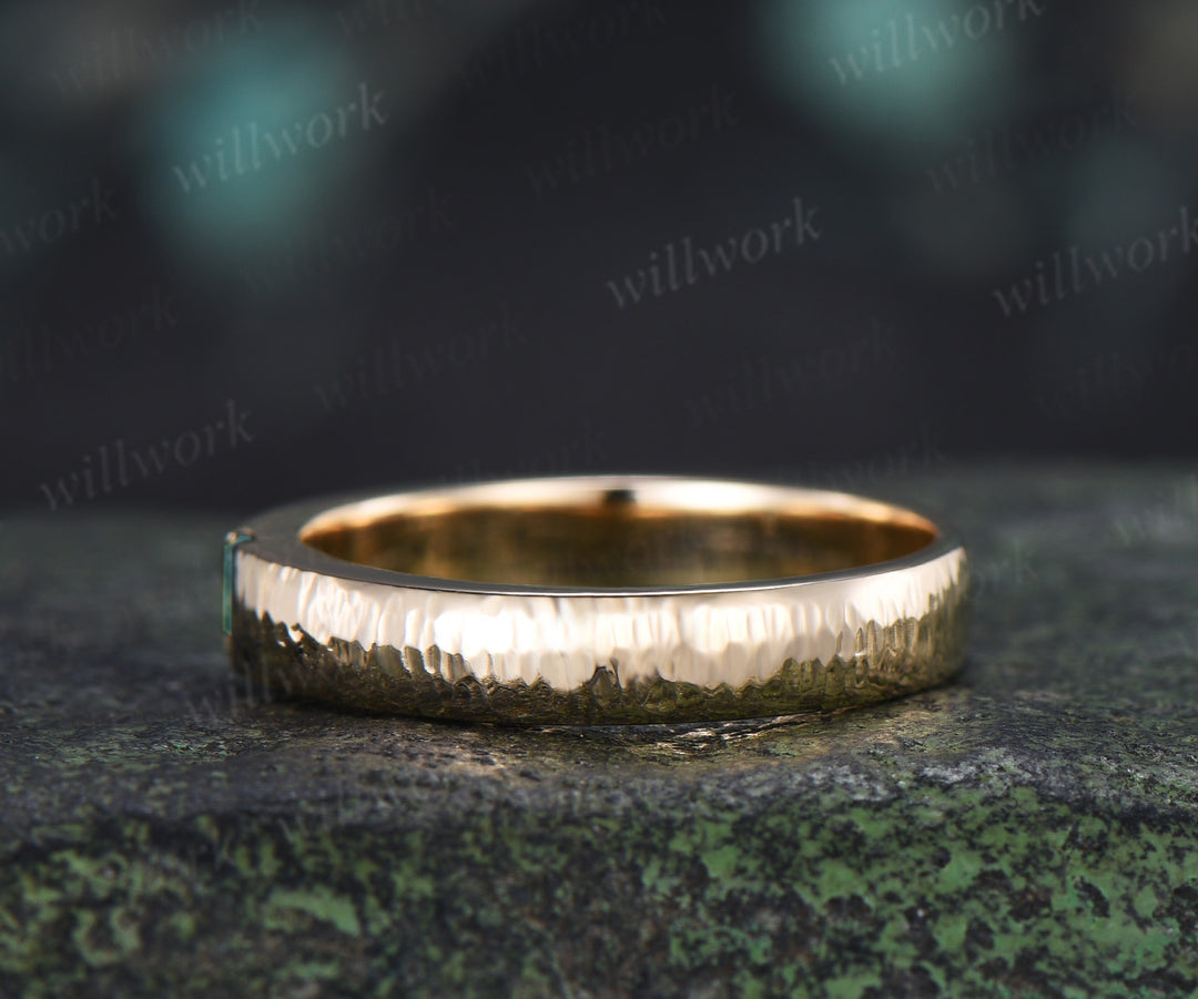 Solitaire Baguette Cut Moss Agate Wedding Band Hammered finish 3mm Minimalist Ring Anniversary Gifts