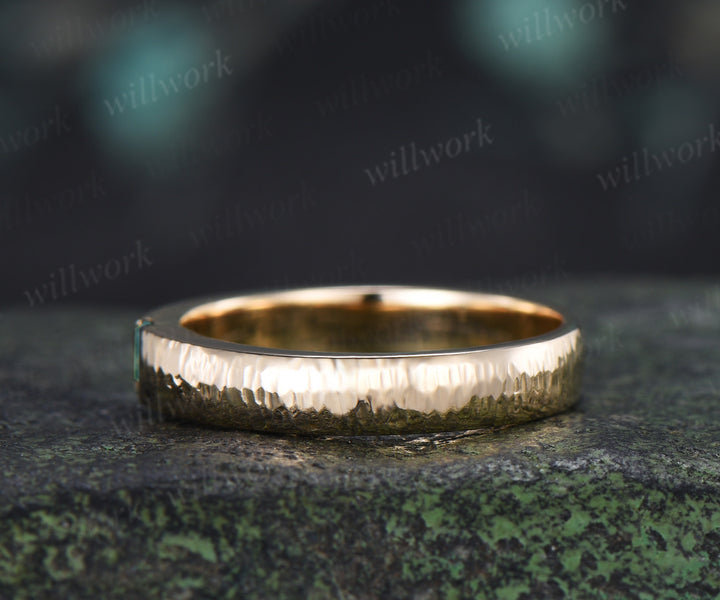 Solitaire Baguette Cut Moss Agate Wedding Band Hammered finish 3mm Minimalist Ring Anniversary Gifts