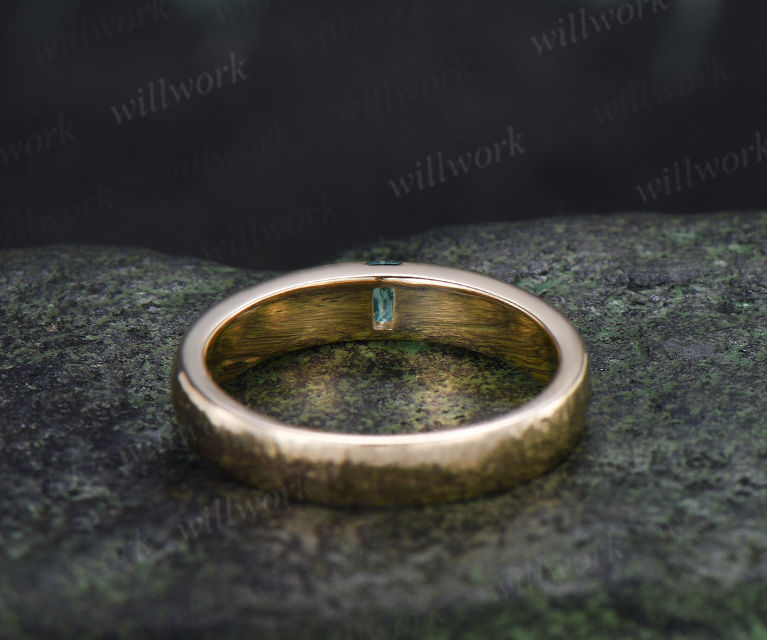 Solitaire Baguette Cut Moss Agate Wedding Band Hammered finish 3mm Minimalist Ring Anniversary Gifts
