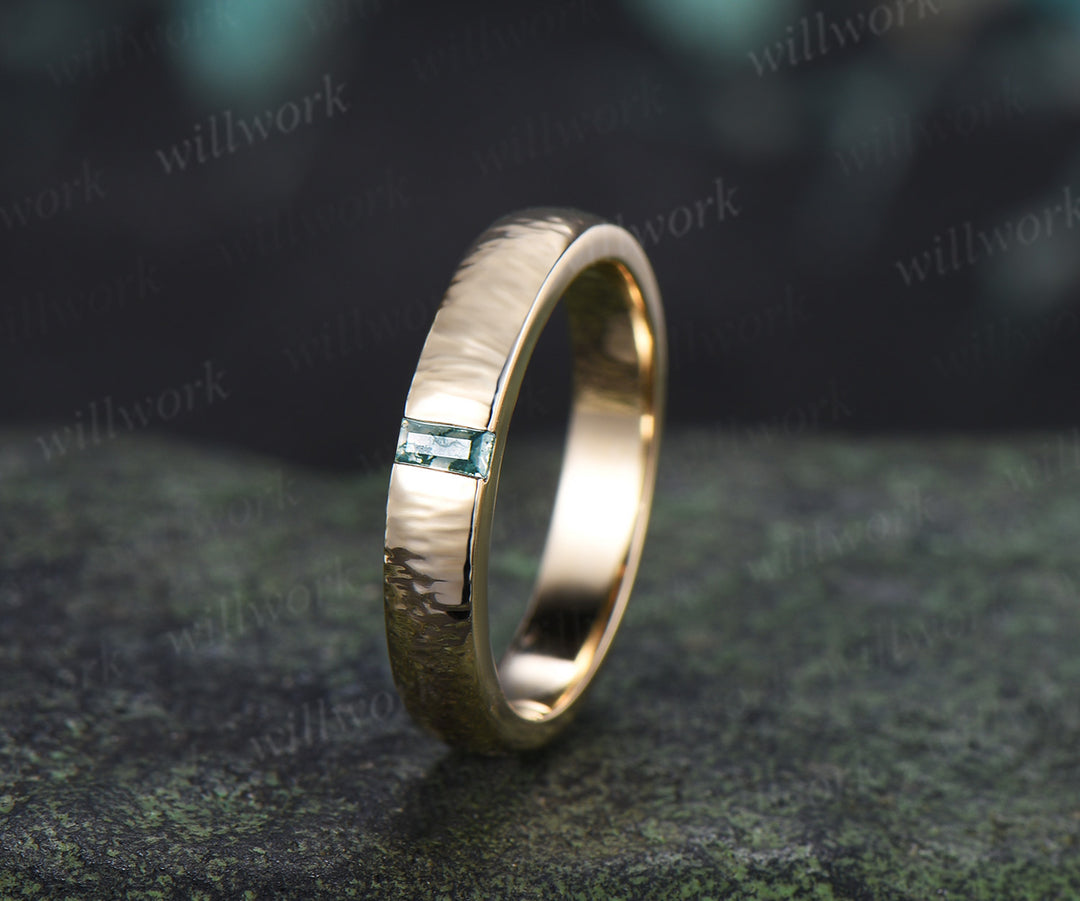 Solitaire Baguette Cut Moss Agate Wedding Band Hammered finish 3mm Minimalist Ring Anniversary Gifts