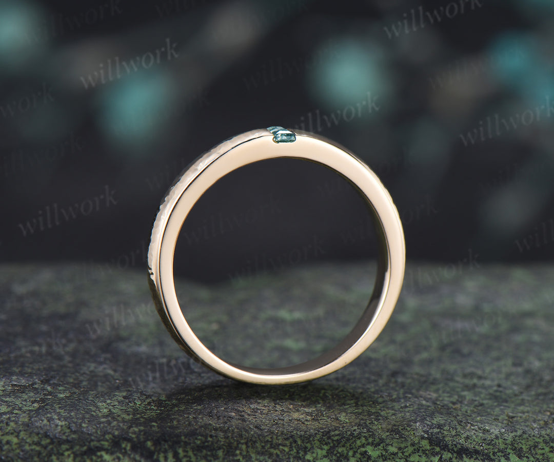 Solitaire Baguette Cut Moss Agate Wedding Band Hammered finish 3mm Minimalist Ring Anniversary Gifts