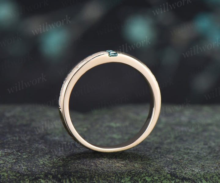 Solitaire Baguette Cut Moss Agate Wedding Band Hammered finish 3mm Minimalist Ring Anniversary Gifts