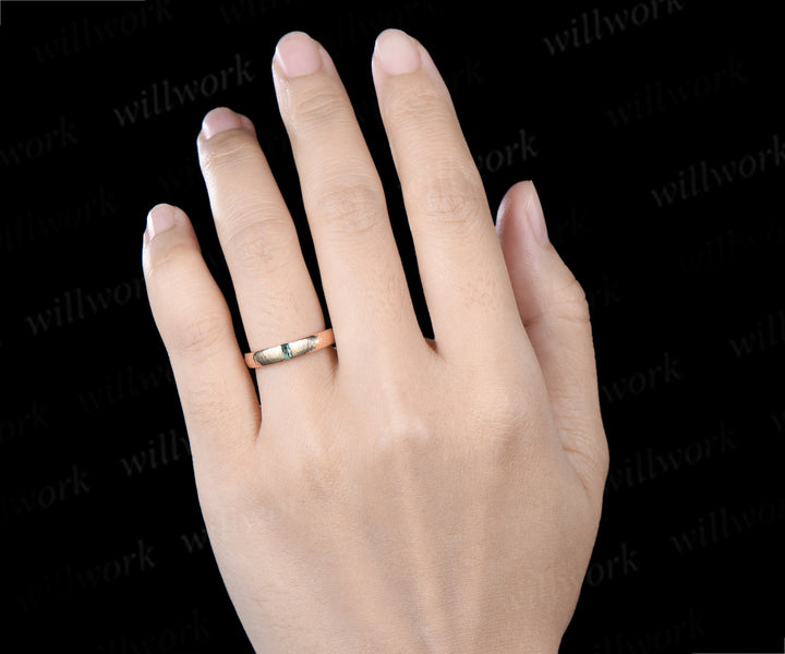 Solitaire Baguette Cut Moss Agate Wedding Band Hammered finish 3mm Minimalist Ring Anniversary Gifts