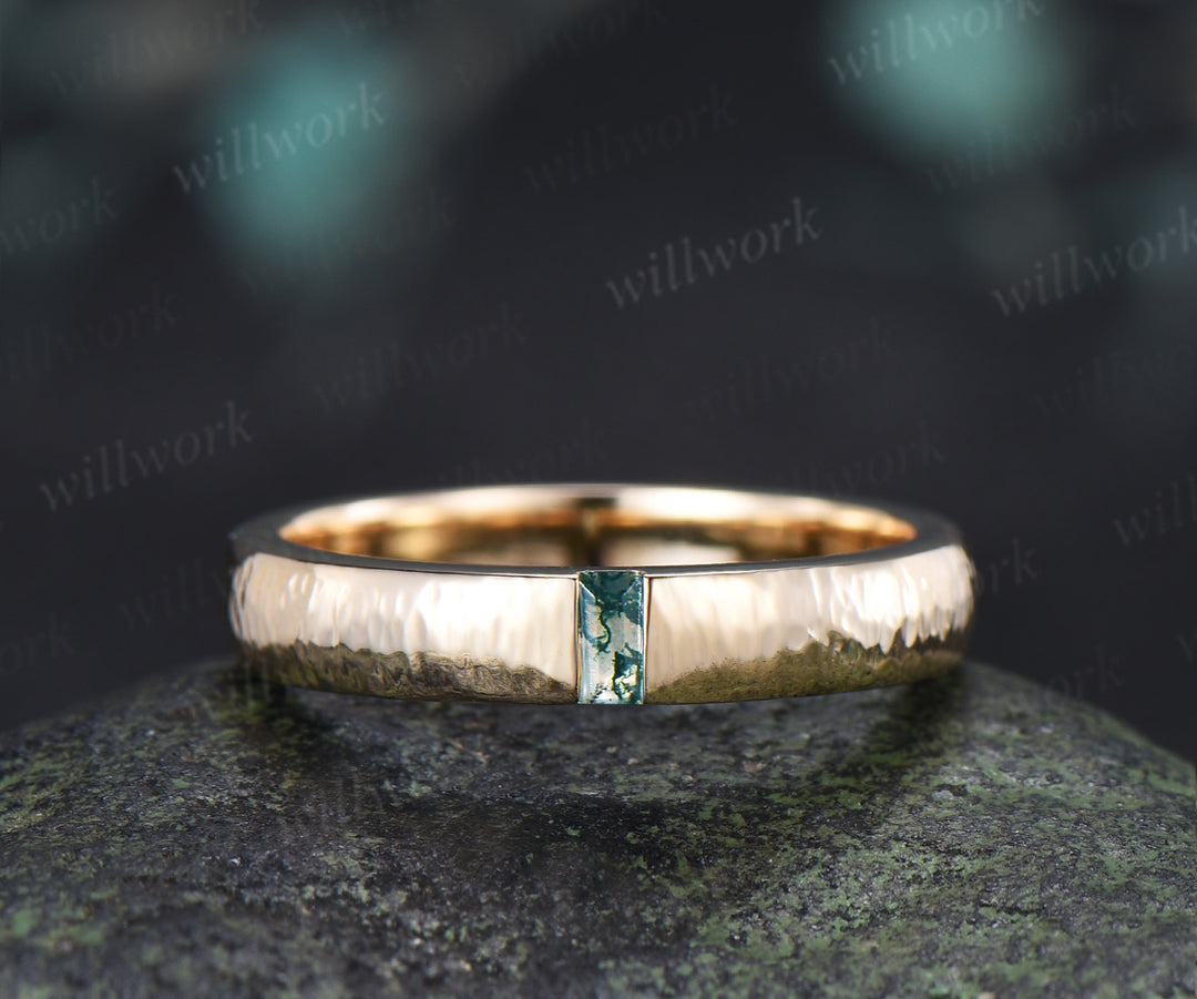 Solitaire Baguette Cut Moss Agate Wedding Band Hammered finish 3mm Minimalist Ring Anniversary Gifts