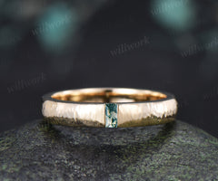 Solitaire Baguette Cut Moss Agate Wedding Band Hammered finish 3mm Minimalist Ring Anniversary Gifts
