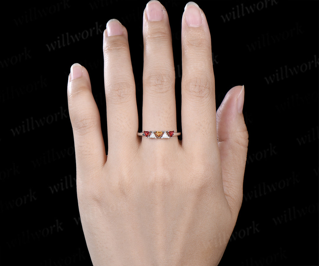 Trilliant cut garnet citrine moissanite ring 14k white gold five stone wedding band anniversary Multi-Stone Ring