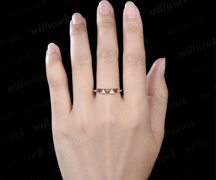 Trilliant cut garnet citrine moissanite ring 14k white gold five stone wedding band anniversary Multi-Stone Ring