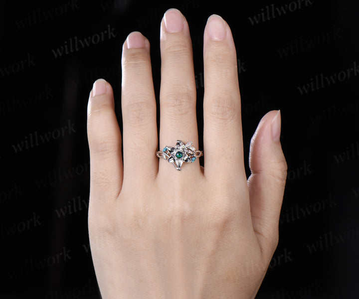Round Black Opal Floral Engagement Ring Leaf Lily Flower Tiny Bee Infinity Band Turquoise Opal Accent Art Deco Promise Ring