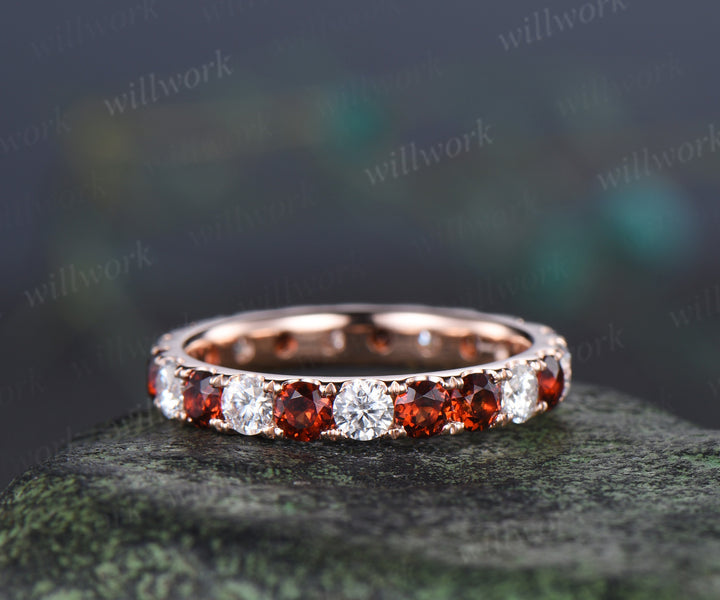 Round natural garent moissanite wedding band full eternity paving stacking ring January birsthone gifts