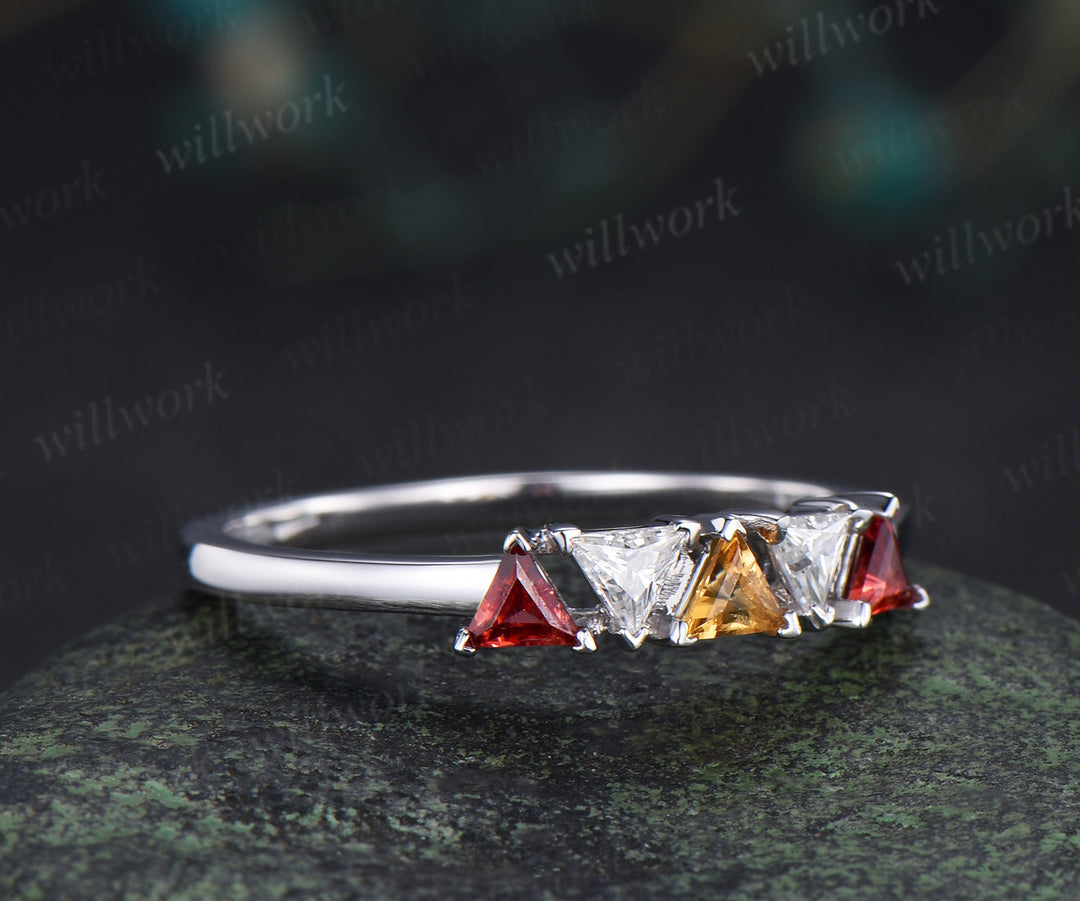 Trilliant cut garnet citrine moissanite ring 14k white gold five stone wedding band anniversary Multi-Stone Ring