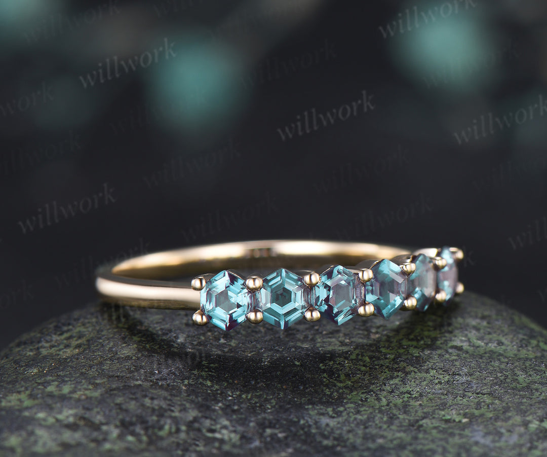 Hexagon Cut Alexandrite Wedding Band Six Stones Minimalist Stacking Ring June Birthstone Gifts