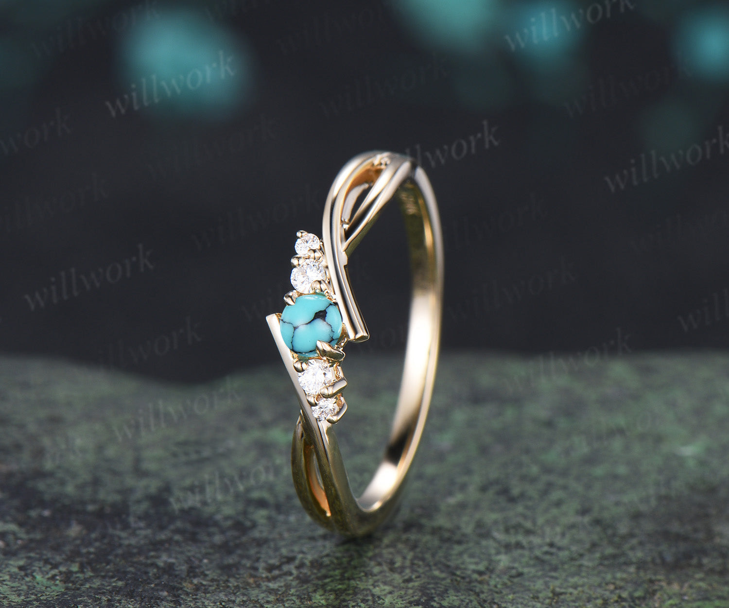 Dainty round turquoise wedding ring split shank natural turquoise