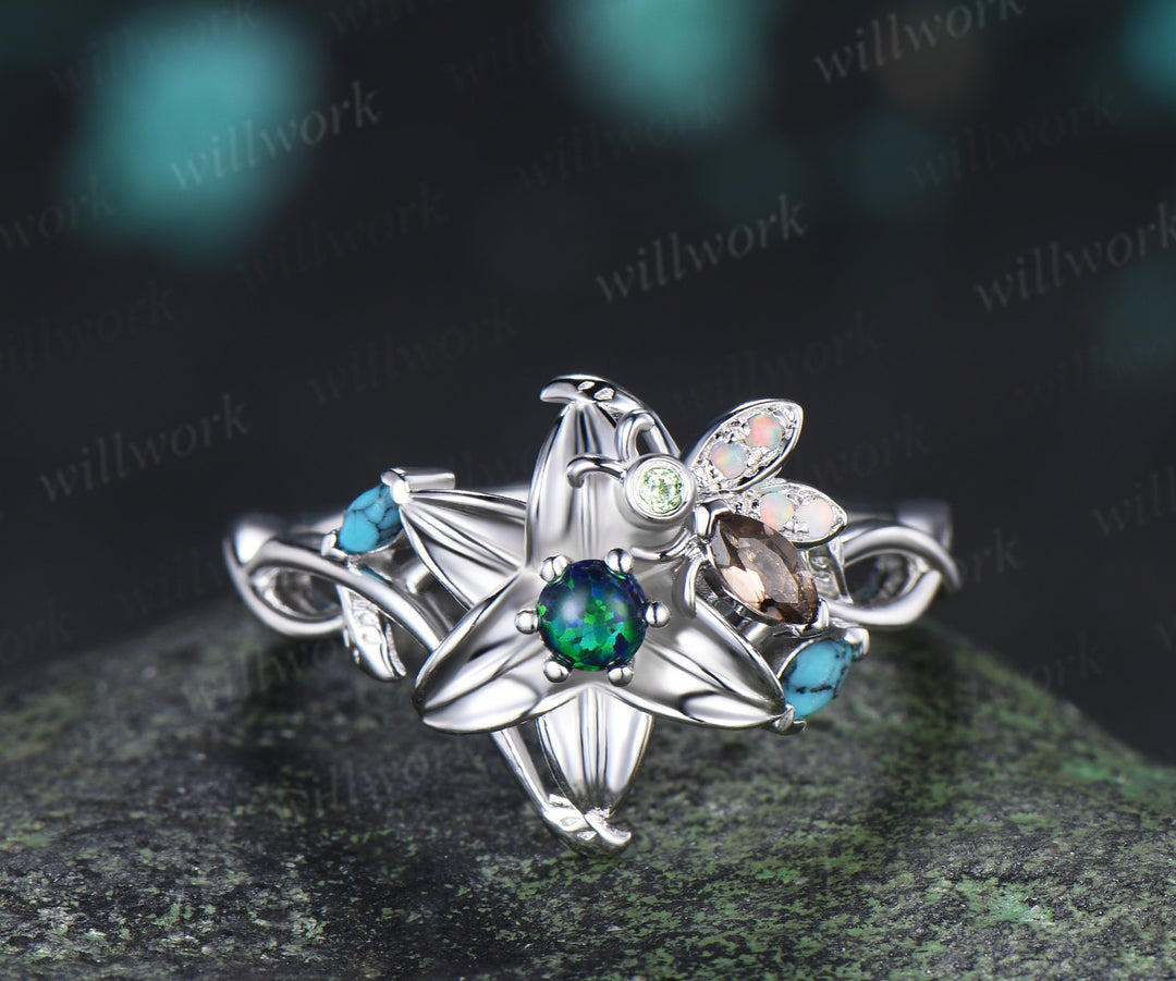 Round Black Opal Floral Engagement Ring Leaf Lily Flower Tiny Bee Infinity Band Turquoise Opal Accent Art Deco Promise Ring