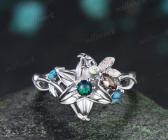 Round Black Opal Floral Engagement Ring Leaf Lily Flower Tiny Bee Infinity Band Turquoise Opal Accent Art Deco Promise Ring