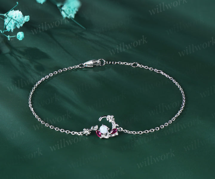 Dainty 3mm round opal moon bracelet marquise ruby floral charm bracelet elegant bracelet for women