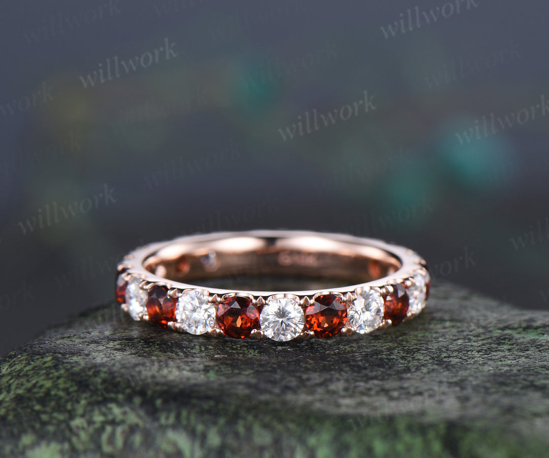 Round natural garent moissanite wedding band full eternity paving stacking ring January birsthone gifts