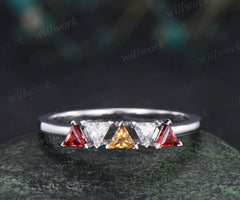 Trilliant cut garnet citrine moissanite ring 14k white gold five stone wedding band anniversary Multi-Stone Ring
