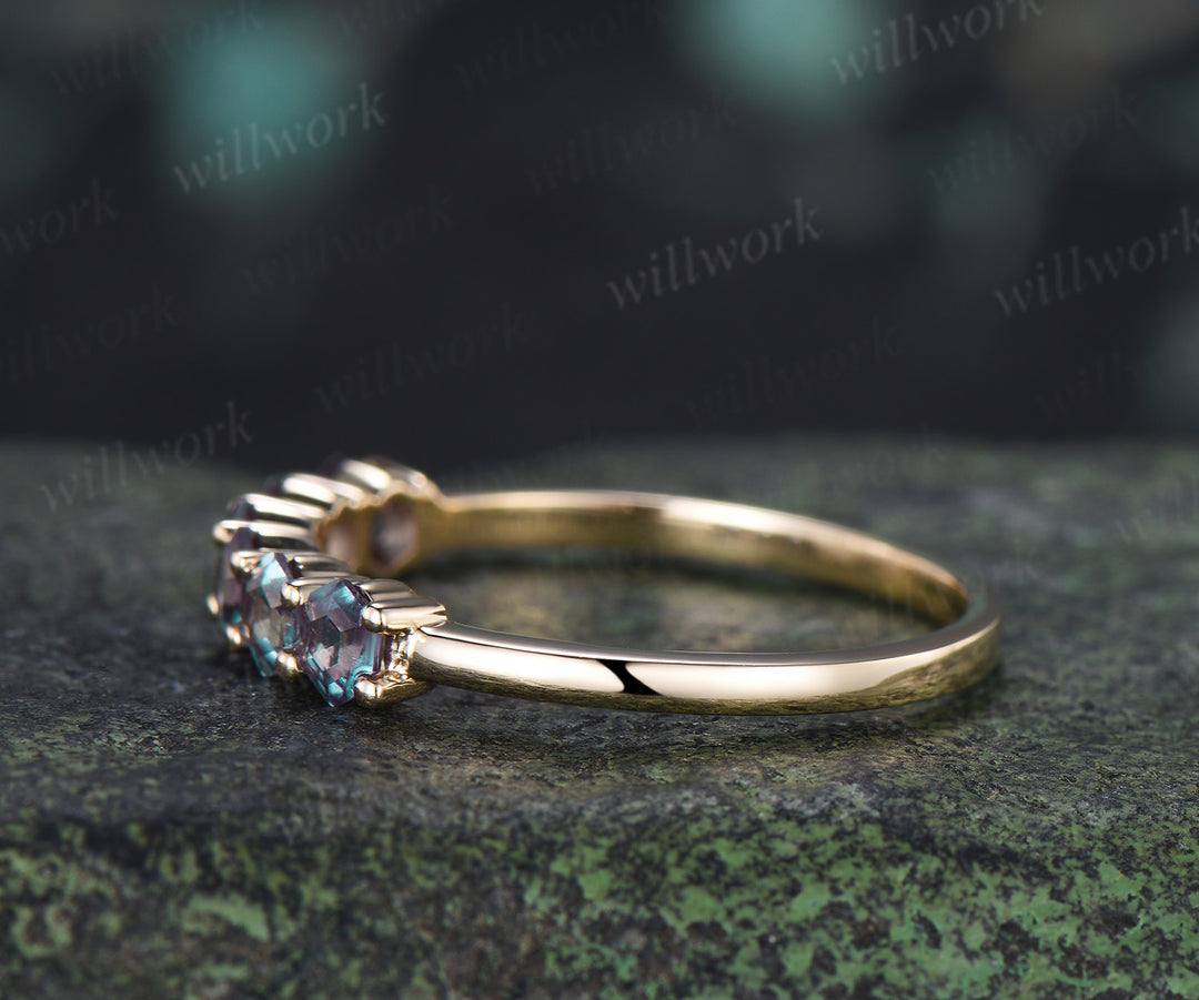 Hexagon Cut Alexandrite Wedding Band Six Stones Minimalist Stacking Ring June Birthstone Gifts