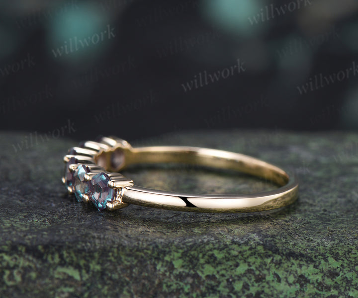 Hexagon Cut Alexandrite Wedding Band Six Stones Minimalist Stacking Ring June Birthstone Gifts